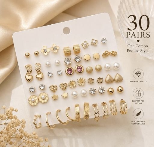 RARE1 STUDIO 30 Pairs Gold Plated Korean Style Stud & Hoop Earrings